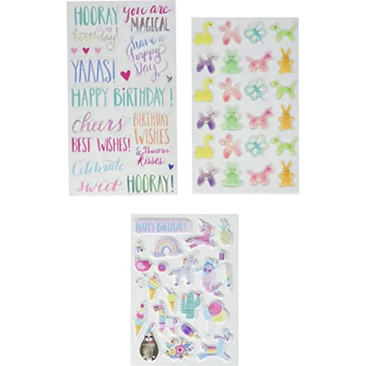 Rayher 50038000 Sticker Mix Magical, 63 Sticker mit Effekten, 3 Bögen, Aufkleber, Effekt-Sticker, Motivsticker, Eis, Tiere, Kakteen, Blumen, Einhörner, Regenbogen, Texte u.v.m.