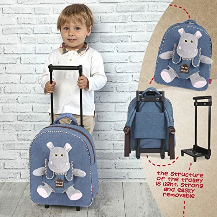 PERLETTI Plüschtier Kindergepäck Rucksack für Kinder - Abnehmbare Räder - 28x32x11 cm (Nilpferd) – Bild 4