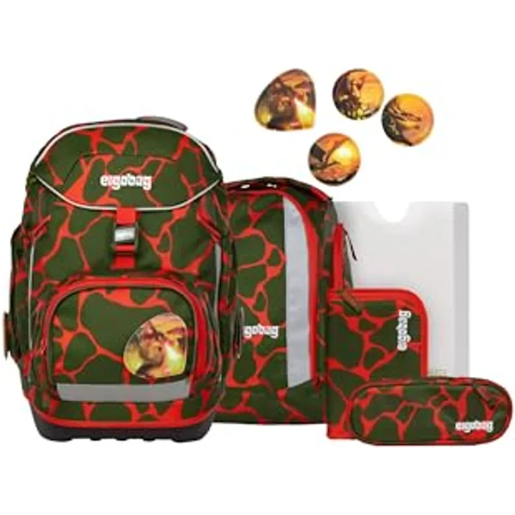 ergobag pack Set, ergonomischer Schulrucksack flexibel, 6-teiliges Set mit integrierter Heftebox und 22-tlg. gefülltem Federmäppchen, wasserdicht und reflektierend, für 1. Klasse Grundschule