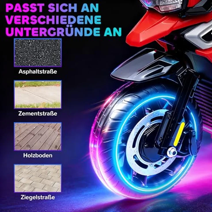 AIYAPLAY Elektro Motorrad Kinder 6V, Elektromotorrad mit 2 Hilfsrädern, Beleuchtung, Musik und Soft-Start, bis zu 2,4 km/h, Rot, für Kinder von 1,5-3 Jahren – Bild 5