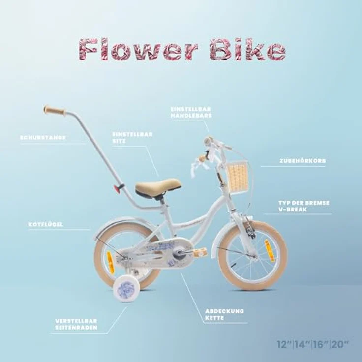 sun baby Mädchenfahrrad 14 Zoll Flower Bike mit Abnehmbarer Schubstange (Hellblau) – Bild 5