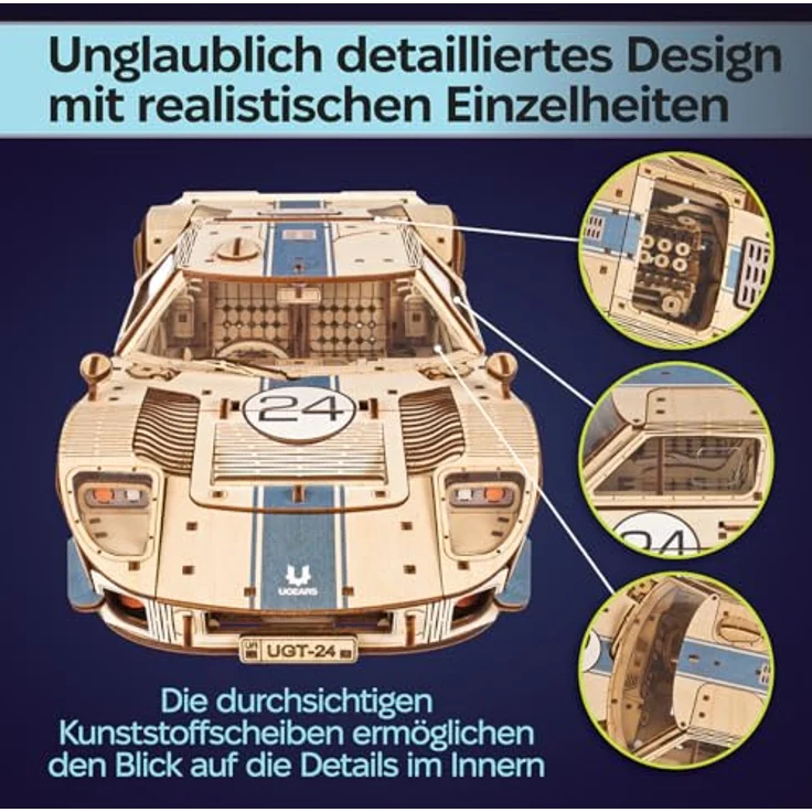 UGEARS UGT-24 Ausdauer-Rennwagen 3D Puzzle, mechanischer Holzmodellbausatz im Maßstab 1:12 mit V8-Motor, 970 Teile, authentische Rennmerkmale, für Erwachsene – Bild 5