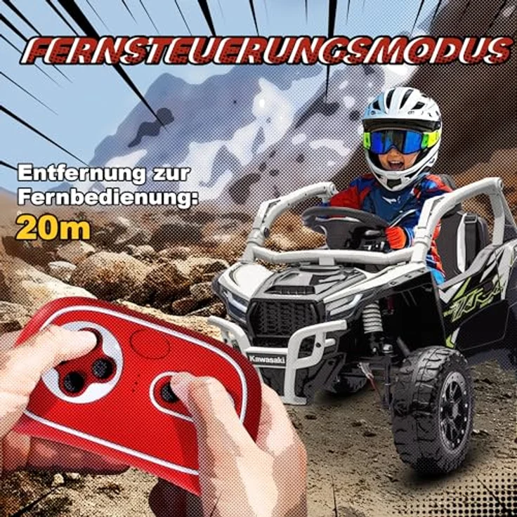 AIYAPLAY Kawasaki TERYX KRX 1000 Kinder Elektroauto 12V, UTV mit 2 Motoren, 2,4 GHz Fernbedienung, Federungssystem, LED-Leuchten, Musik und Hupe, Grau, für 3-8 Jahre – Bild 4