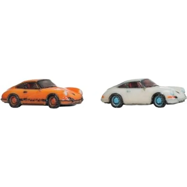 NOCH Porsche 911 3D-Master-Fahrzeuge, Miniaturmodell im Maßstab Z, Set mit weißen und orangefarbenen Varianten für Modellbahn und Dioramen