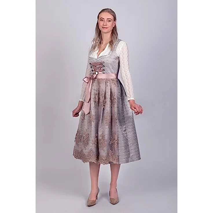 Edelnice Dirndl Aurelie, langes Trachtenkleid mit edlem Silberglanz und Rose-Tönen – Bild 3
