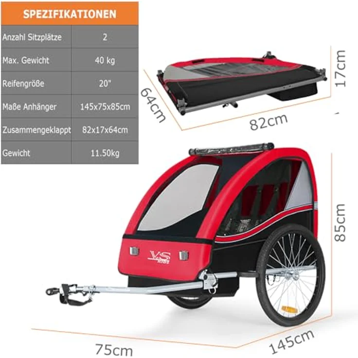 TIGGO Fahrradkinderanhänger Tiggo VS Kinderanhänger Fahrradanhänger für 1 oder 2 Kinder, gepolsterter Sitz, UV-Schutz, zusammenklappbar, 20-Zoll-Räder – Bild 5