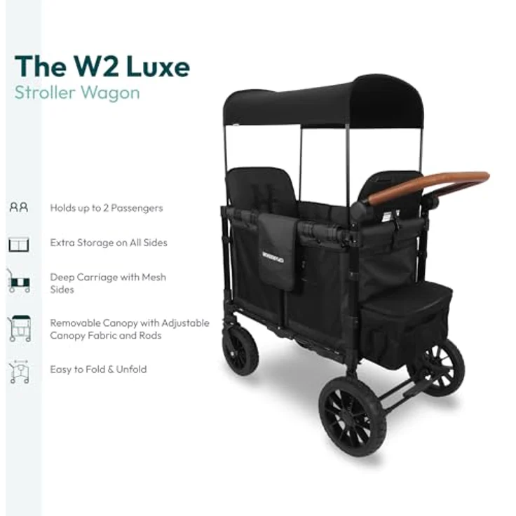WONDERFOLD W2 Luxe Double Stroller Wagon, Volcanic Black - 2 High Face-to-Face Seats, Magnetic Buckle, 5-Point Harnesses, Adjustable/Removable UV-Protection Canopy – Bild 3