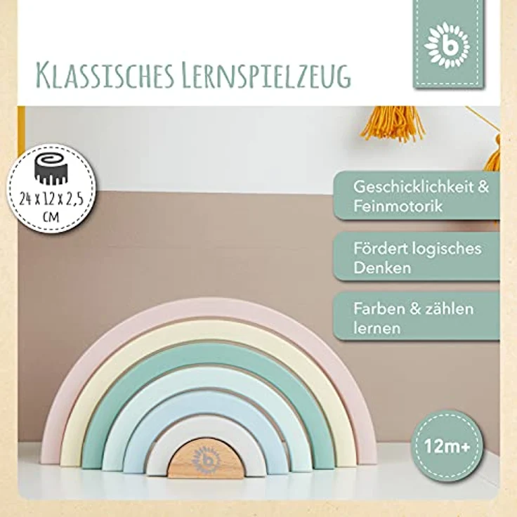 BIECO Stapelspielzeug Regenbogen, Holzspielzeug zur Förderung der Motorik, Pastellfarben, 24x12x3,5 cm – Bild 2