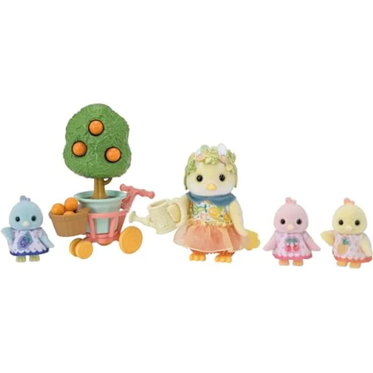 Sylvanian Families - 5860 Zitronenvogel Familie, Spielset mit 4 samtig-weichen Vogel-Figuren, Zubehör und Obstbaum mit Erntefunktion für Kinder ab 3 Jahren