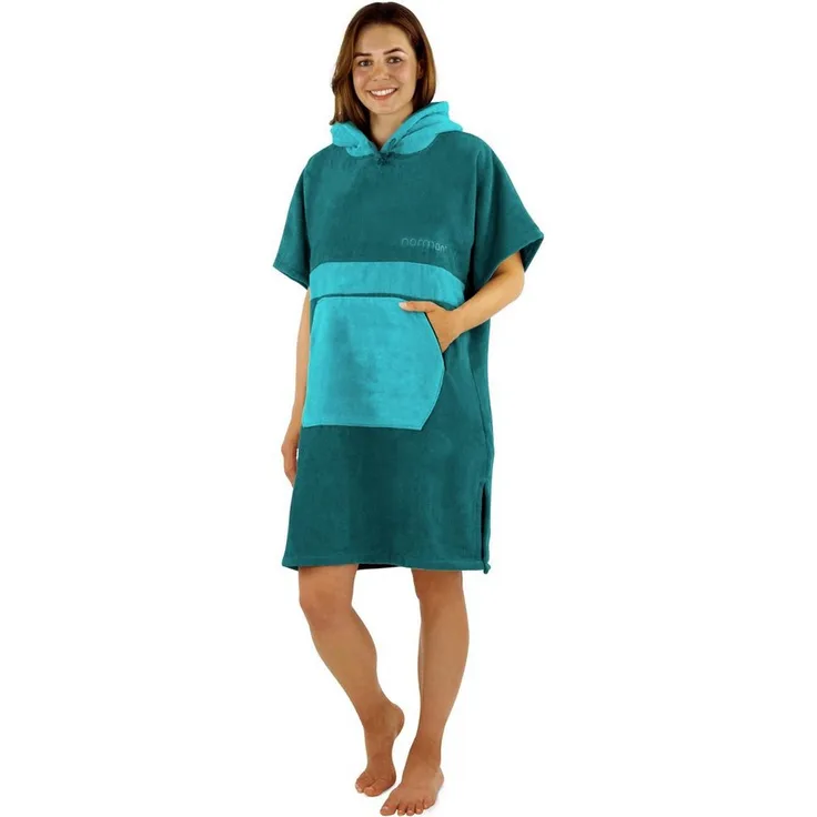 normani Badeponcho Damen Surfer-Poncho, Midilänge, Kapuze, Bauchtasche, 100% Baumwolle, saugstark (Blau)