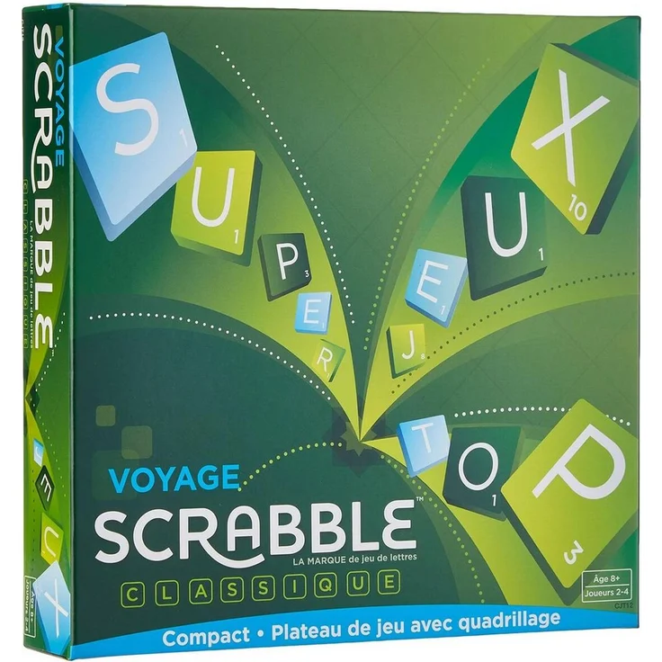 Mattel Scrabble Voyage, Kompakt Brettspiel für 2-4 Spieler, inkl. Spielbrett und 100 Buchstabensteinen