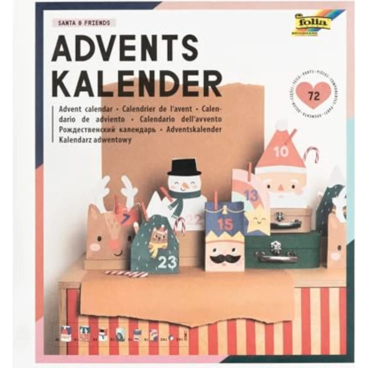 Folia Adventskalender SANTA & FRIENDS, 72-teiliges Set mit 24 Papiertüten in verschiedenen Größen und nachhaltigen Materialien, dunklerot – Bild 1