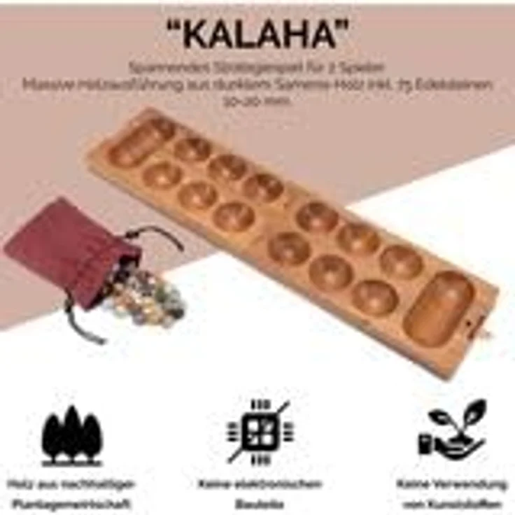 LOGOPLAY Kalaha Spiel für 2 Spieler, Strategiespiel mit Stoffbeutel, 75 Edelsteine, Spielfeld 14 x 49 cm aus Samena-Holz – Bild 4