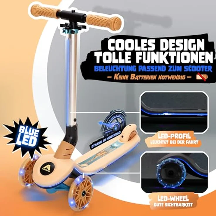Apollo Whizzie LED Kinderroller, höhenverstellbarer Dreiradscooter für Kinder ab 3 Jahren, leuchtende LED-Räder und beleuchteter Lenker – Bild 2