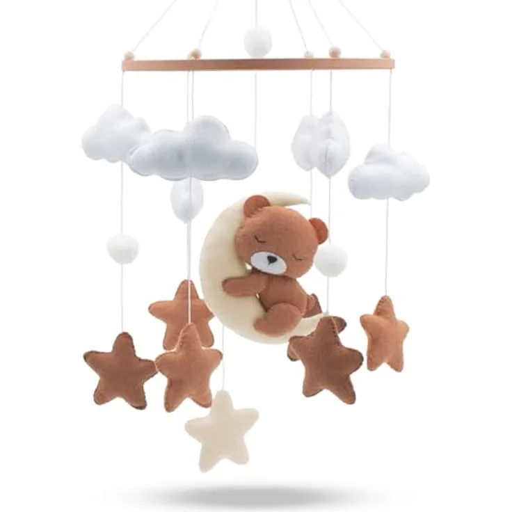 Babykajo Baby Mobile Schlummernder Bär, Holzring mit handgenähten Tierfiguren, perfekt für Babybetten und Kinderzimmer Deko