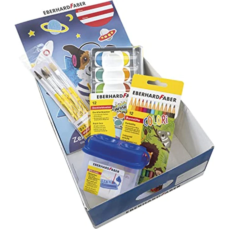 Eberhard Faber Schulstarter Box 560141, inklusive Colori Buntstiften, Winner Deckfarbkasten, A4 Zeichenblock, Wasserbox und Pinsel Set in Blau – Bild 1