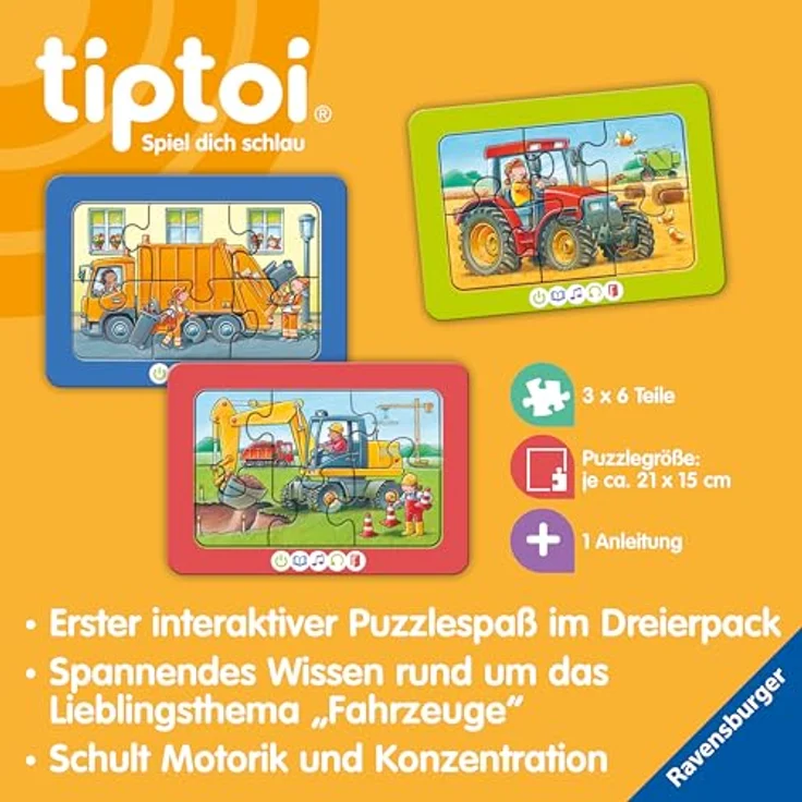 Ravensburger tiptoi Puzzle 00227-3 erste Puzzles: Fahrzeuge, interaktives Rahmenpuzzle für Kinder ab 2 Jahren, 3 Motive, fördert Motorik und Konzentration – Bild 4