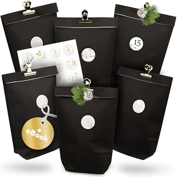 Amari Adventskalender zum Befüllen - 24 Papier Adventstüten (mit Metallklammern) zum Basteln für Weihnachten - Papier Weihnachtstüten mit Zahlenaufkleber, DIY-Adventskalender-Set