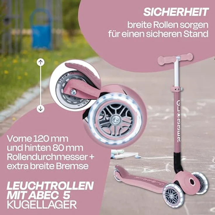 Globber PRIMO FOLDABLE LIGHTS ECO beere, 3-rädriger Kinderscooter mit leuchtenden Vorderrädern und sicherem Klappmechanismus – Bild 2