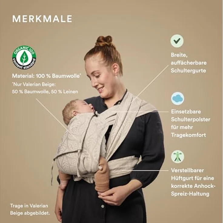 Stokke Limas™ Babytrage, Half Buckle Babytrage aus Bio-Baumwolle mit verstellbarem Steg und Schulterpolstern, Valerian Beige – Bild 2