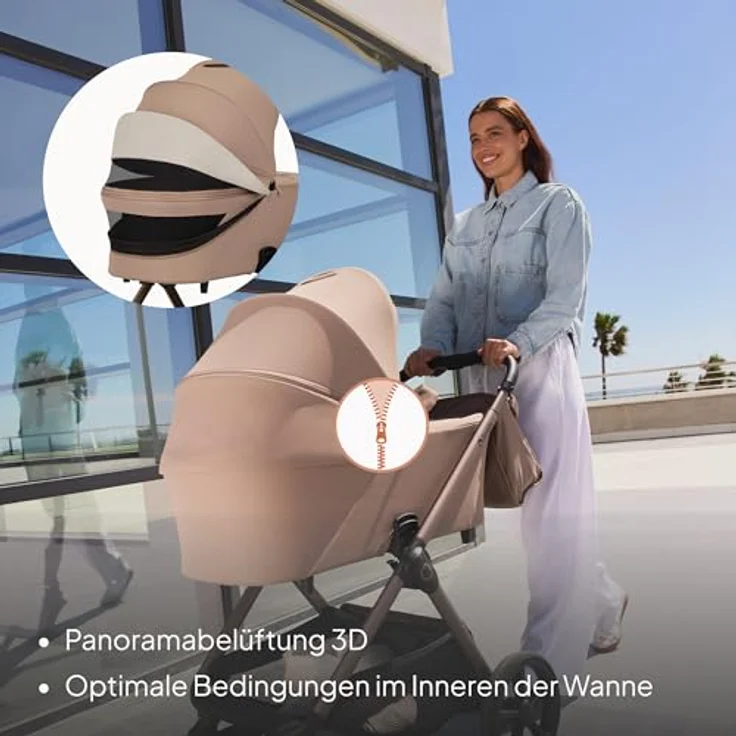 Lionelo Kinderwagen Carmine 3in1, mit Autositz i-Size, Babywanne & Buggy, GravelTech Räder, Federung, UPF50+, Beige – Bild 6
