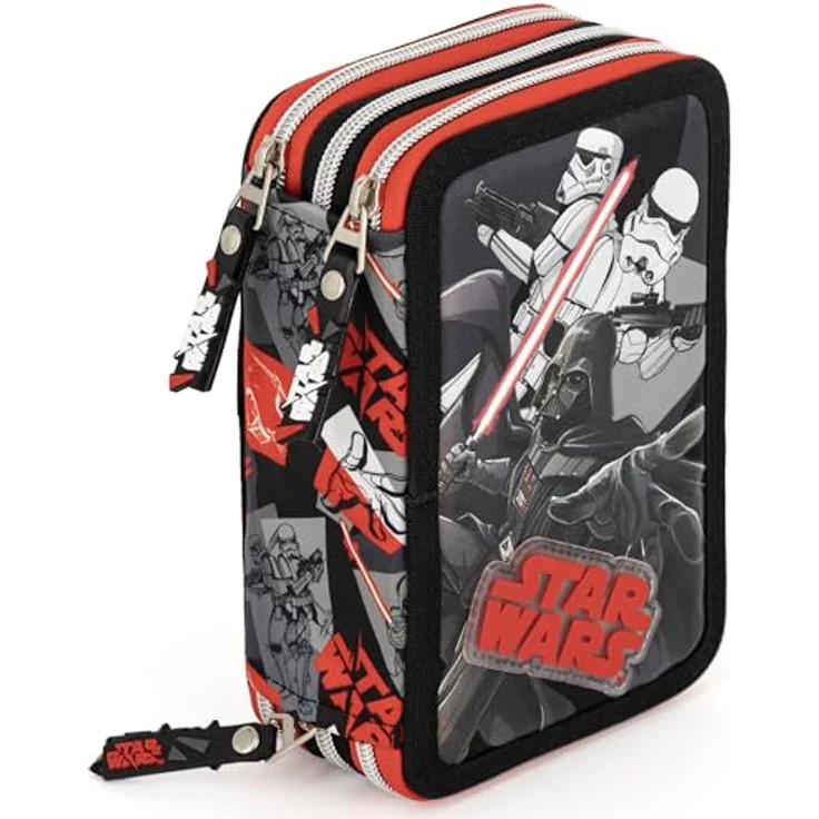 Clondo 3-Fach Federmäppchen für Jungen, gefüllt mit 46 Teilen – inkl. radierbarer Gelstifte, Filz- und Buntstifte, ideal für Schule & Geschenke, Star Wars Design – Bild 1