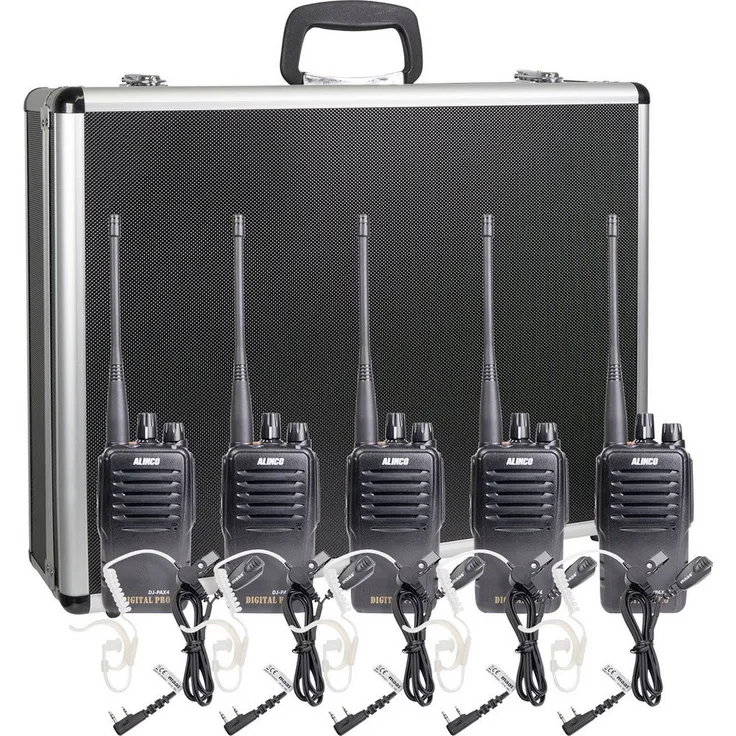 Alinco DJ-PAX-4 Team-Set, 5er PMR-Handfunkgerät mit 80 Kanälen, IP-67 Gehäuse, Alukoffer und KEP-24-VK Headsets