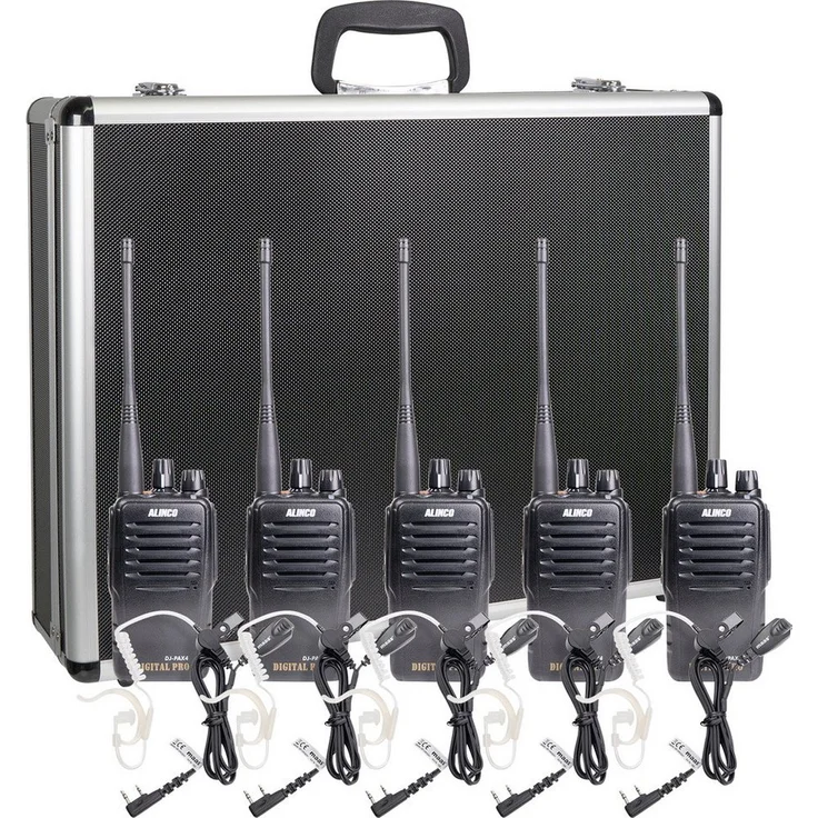 Alinco DJ-PAX-4 Team-Set, 5er PMR-Handfunkgerät mit 80 Kanälen, IP-67 Gehäuse, Alukoffer und KEP-24-VK Headsets