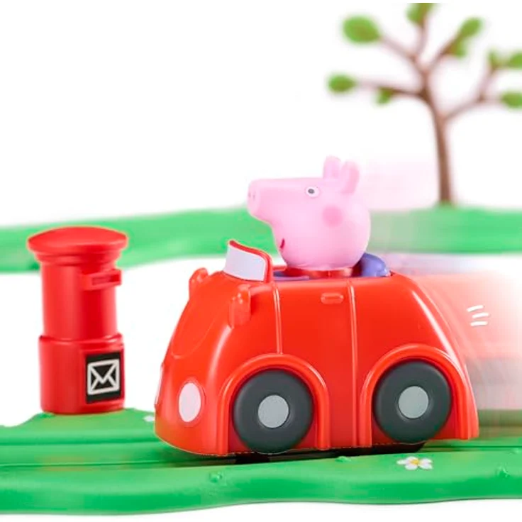 Peppa Pig Whizz Around Peppas kleines rotes Auto-Set, motorisiertes Fahrzeug mit 8 Stück Straßenaufbau und Zubehör für Vorschulkinder – Bild 3