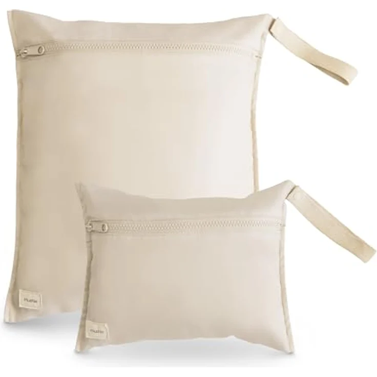 mushie Wasserabweisendes Wet Bag 2er-Set, praktische Aufbewahrungstaschen groß & klein, schnelltrocknend, Druckknopf, für Windeln, Kleidung und Spielzeug (Fog) – Bild 1