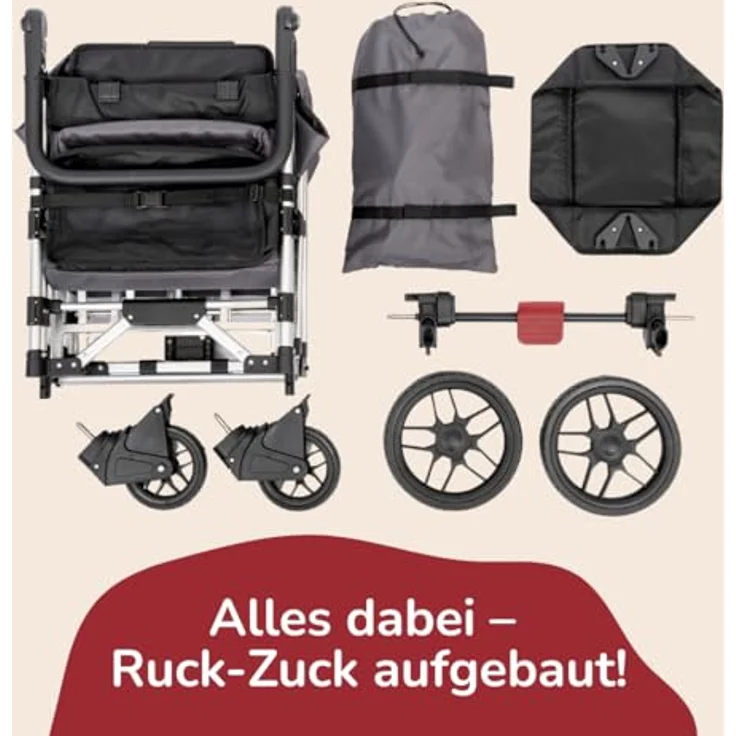 elvent FamilyStar 2 Kinderwagen 2-Sitzer – leicht, faltbar, bis 80 kg, Sonnendach, Sitzpolster, 5-Punkte-Gurt, Fußbremse – Bild 8