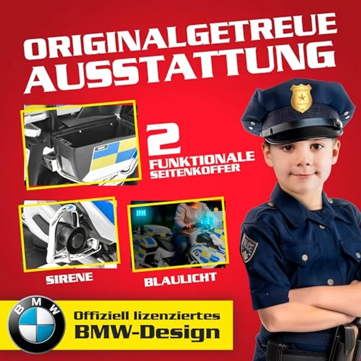 HECHT Kinder Motorrad | BMW R1200RT Polizei | bis 6km/h | 35W | mit Stützräder | Koffer | Radio | Blaulicht | Sirene | 12V Akku, 7 Ah – Bild 4