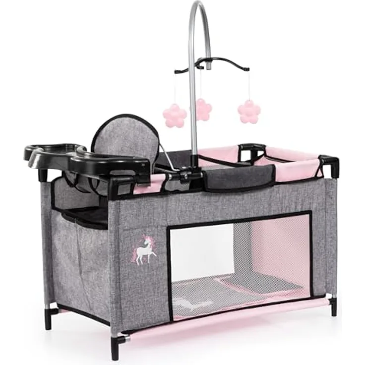 Bayer Design 62633AB Puppenbett mit Schrank, Hochstuhl, Bettdecke, Kissen, Jeans-grau, rosa, Einhorn
