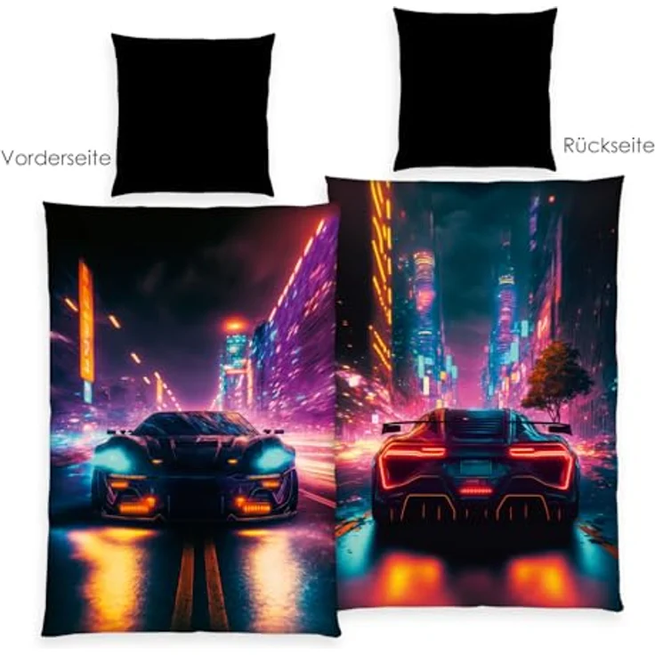 Herding Bettwäsche Neon Car, Young Collection, Kopfkissenbezug 80 x 80 cm mit Wende-Motiv, Bettbezug 135 x 200 cm, Mit Reißverschluss, 100% Polyester/Mikrofaser – Bild 2