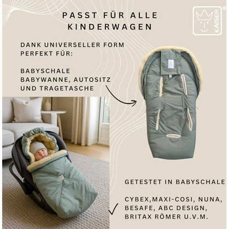 Kaiser Lammfell-Fußsack Emmy, warm und atmungsaktiv für Babyschalen & Babywannen, Salbei Green – Bild 7