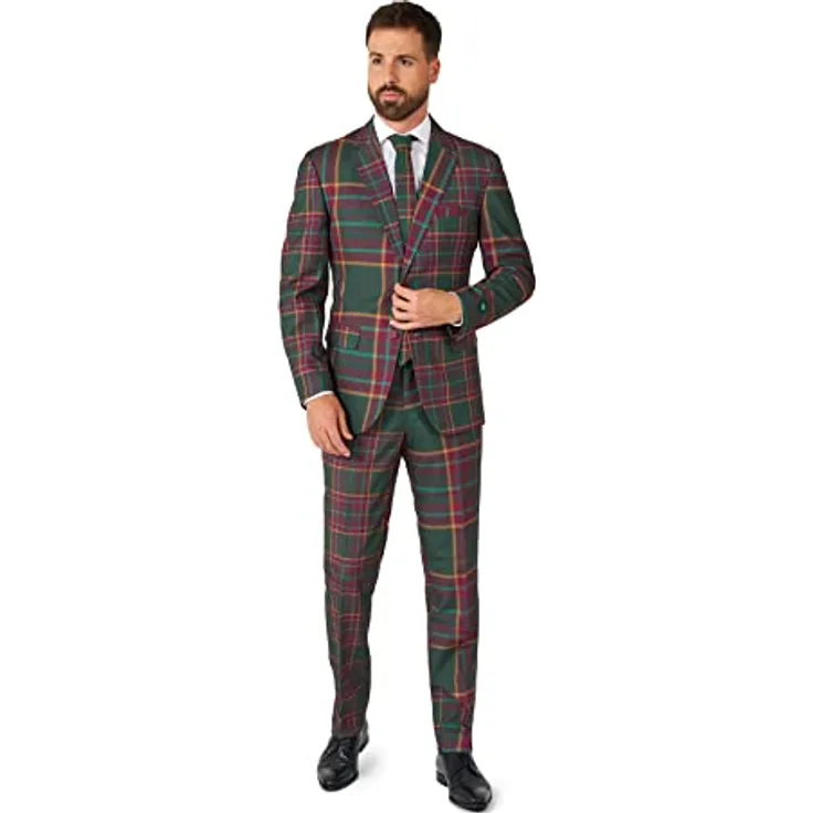 OppoSuits Mixed Mesh Anzug, rot-grün kariert im Tartan-Look, Slim Fit Design mit 4 Innentaschen und passender Krawatte, Größe 54