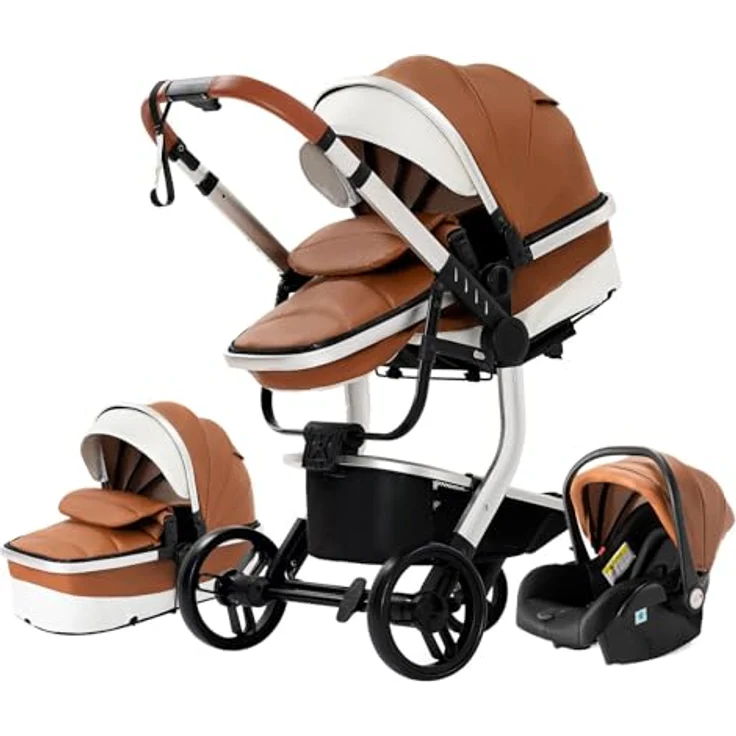 3 in 1 Kombikinderwagen Kinderwagen 3-in-1 Dreirad Lauflernhilfe Hochlandschaft Kinderwagen Faltbarer Kinderwagen Babywagen Babywagen für Baby 0-36 Monate (khaki 518) – Bild 2