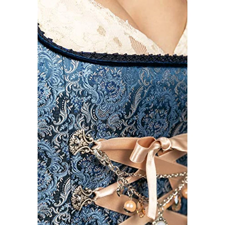 Edelnice Dirndl Estelle, Midi Dirndl in blau und beige-gold, Jaquard Stoff mit Blumenmuster, Exclusive Kollektion – Bild 6