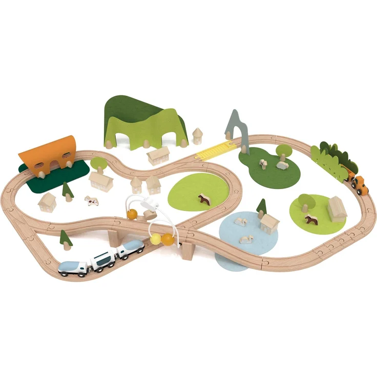 Classic World Eisenbahnset natur, interaktive Holzeisenbahn mit Brücke und Motorikspielzeug, für Kinder ab 3 Jahren