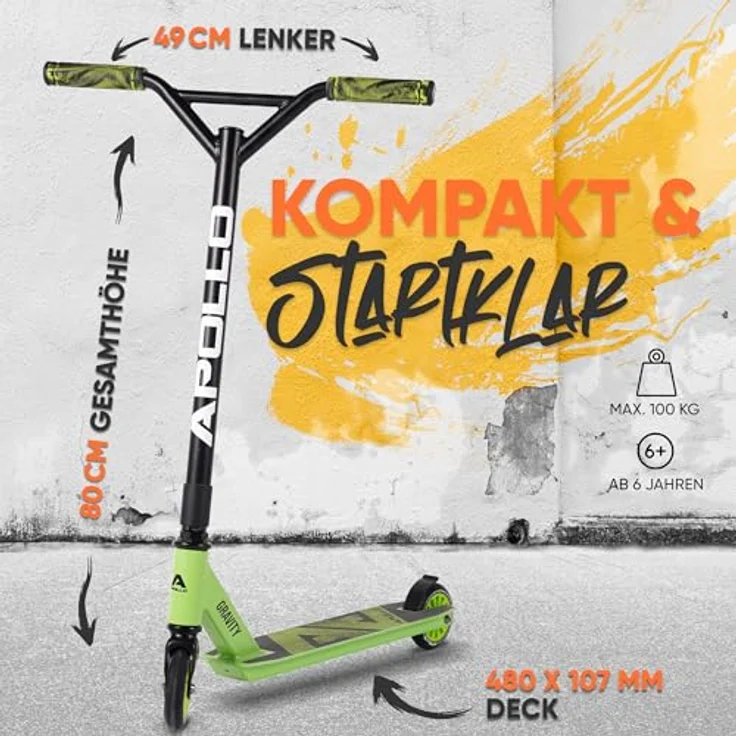 Apollo Stuntscooter Gravity, Fun-Kickscooter für Kinder und Teenager, hohe Belastbarkeit bis 100kg, rutschfestes Deck, leuchtende Farben – Bild 4