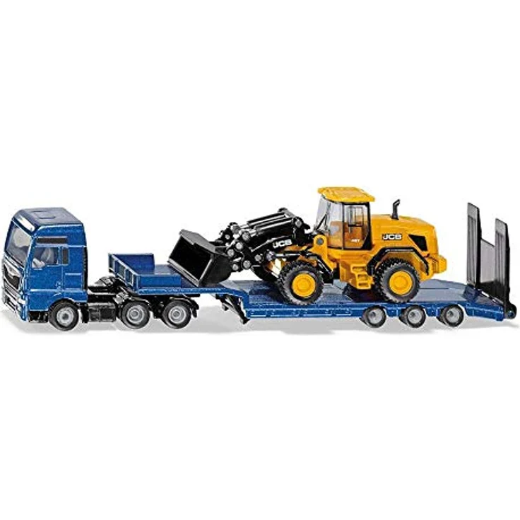 Siku 1790, MAN-LKW mit Tieflader und JCB Radlader, 1:87, Metall/Kunststoff, Blau/Gelb, Klappbare Auffahrrampe, Beweglicher Ladearm – Bild 2