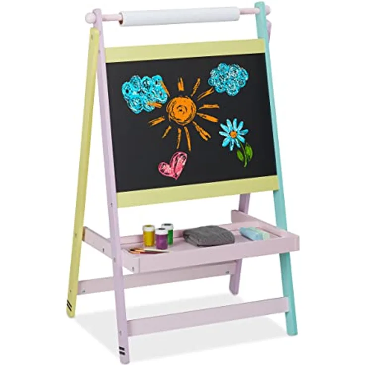 Relaxdays Kindertafel, freistehende Maltafel mit Papierrolle, bunter Rahmen für kreative Kinder