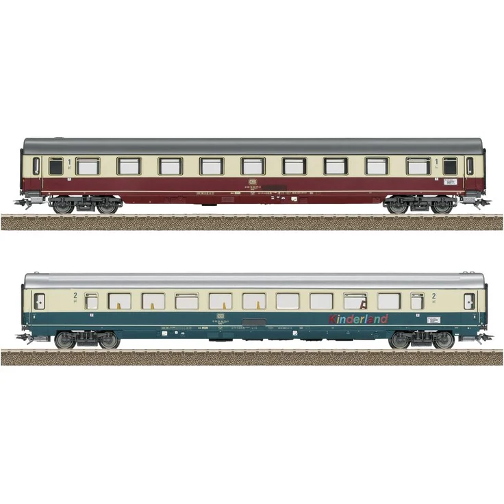 TRIX H0 23143 H0 2er-Set Personenwagen Fern Express FD 1980 Königssee der DB Set 2, Modellwagen mit LED-Innenbeleuchtung - Deutsche Bundesbahn (DB)