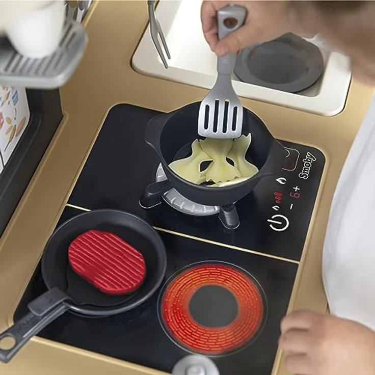 Smoby Tefal Evo Küche, mitwachsende Kinderküche mit Spüle, Herd, Essecke, Wasserhahn und magischer Pancake-Pfanne, viel Zubehör, höhenverstellbar von 50 auf 58 cm – Bild 4