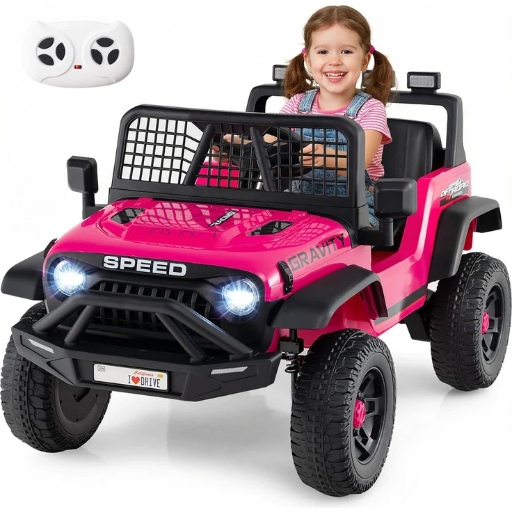 Costway 24V Kinder Elektroauto, elektrisches Kinderfahrzeug mit 2,4G Fernbedienung, Musik, LED-Scheinwerfern und Federung, Rosa