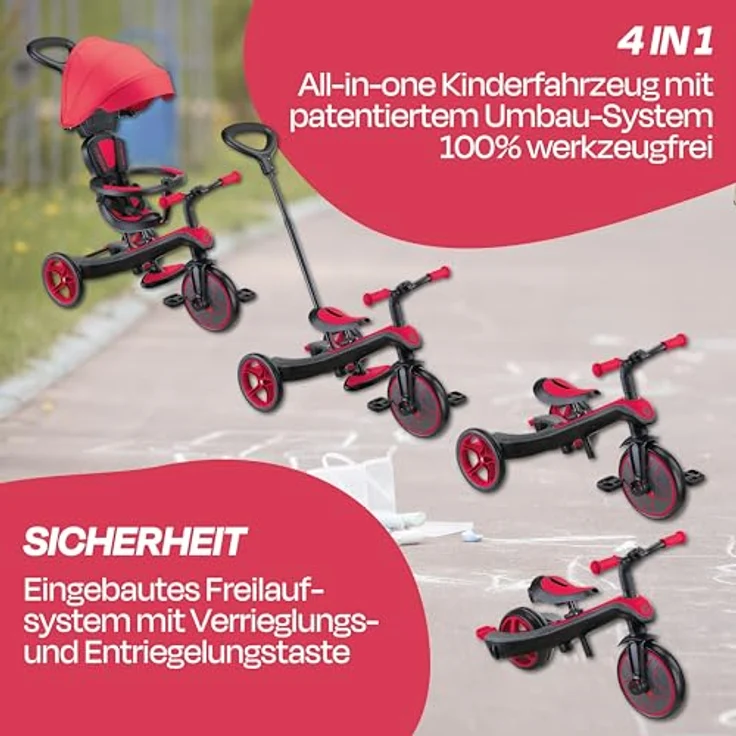 Globber Explorer Trike 4in1 Pro in Rot – Kinderfahrzeug mit höhenverstellbarem TPR-Sitz, Dreirad, Laufrad und Kinderwagen in 10/8,5 Zoll – Bild 3