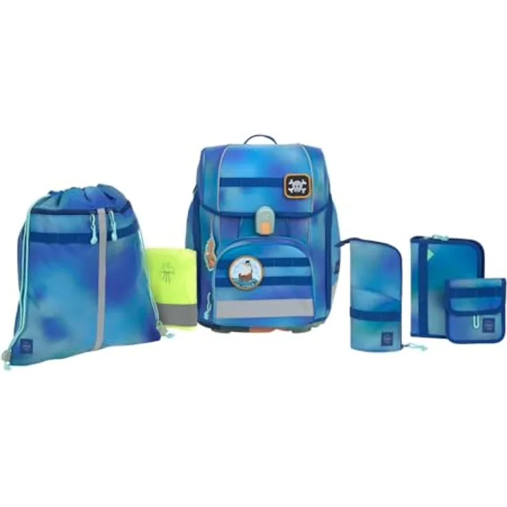 LÄSSIG Schulranzen Set Boxy Unique Gradient Green/Blue, ergonomisch mit viel Stauraum und Sicherheitsfunktionen, blau