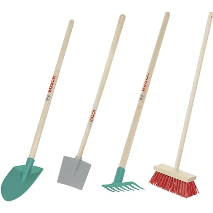 Theo Klein 2794 Bosch Stielgeräte Set, Kinder-Gartenspielzeug mit Schaufel, Laubrechen, Rechen und Besen, für Kinder ab 3 Jahren, Holzstiele, made in Germany