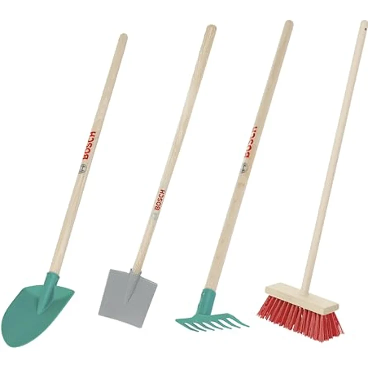 Theo Klein 2794 Bosch Stielgeräte Set, Kinder-Gartenspielzeug mit Schaufel, Laubrechen, Rechen und Besen, für Kinder ab 3 Jahren, Holzstiele, made in Germany – Bild 1