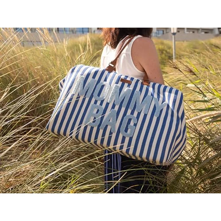 Childhome Mommy Bag, Wickeltasche mit großem Fassungsvermögen, blauen Streifen, Wickelauflage und verstellbarem Schultergurt – Bild 5